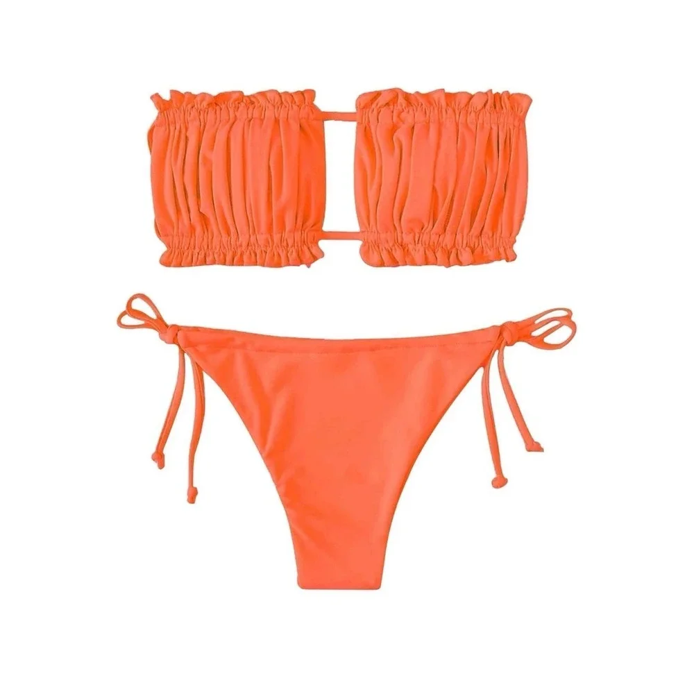 Mavene Women's Ruffled Bandeau Strapless Side Tie Bottom Bikini Set Bathing Suit
